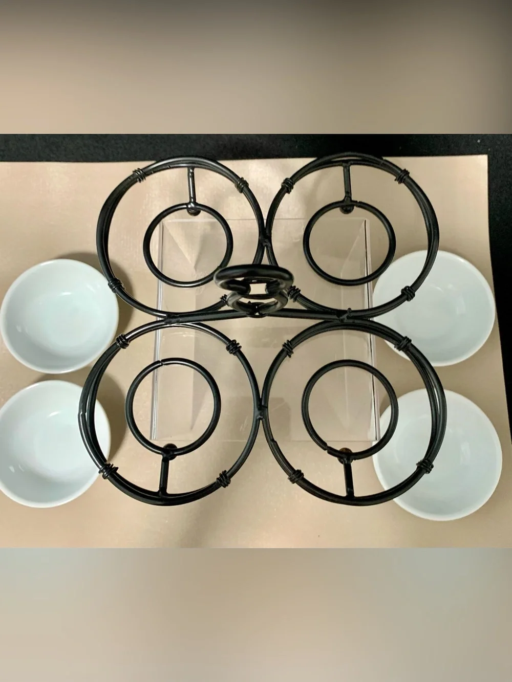 🔍 Pier 1 Imports Porcelain (4) Bowl Appetizer Serving Set w/ Metal Caddy